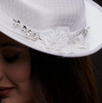 White Satin Hat with Lace Flowers & Crystal Leaves by Bridal Port
