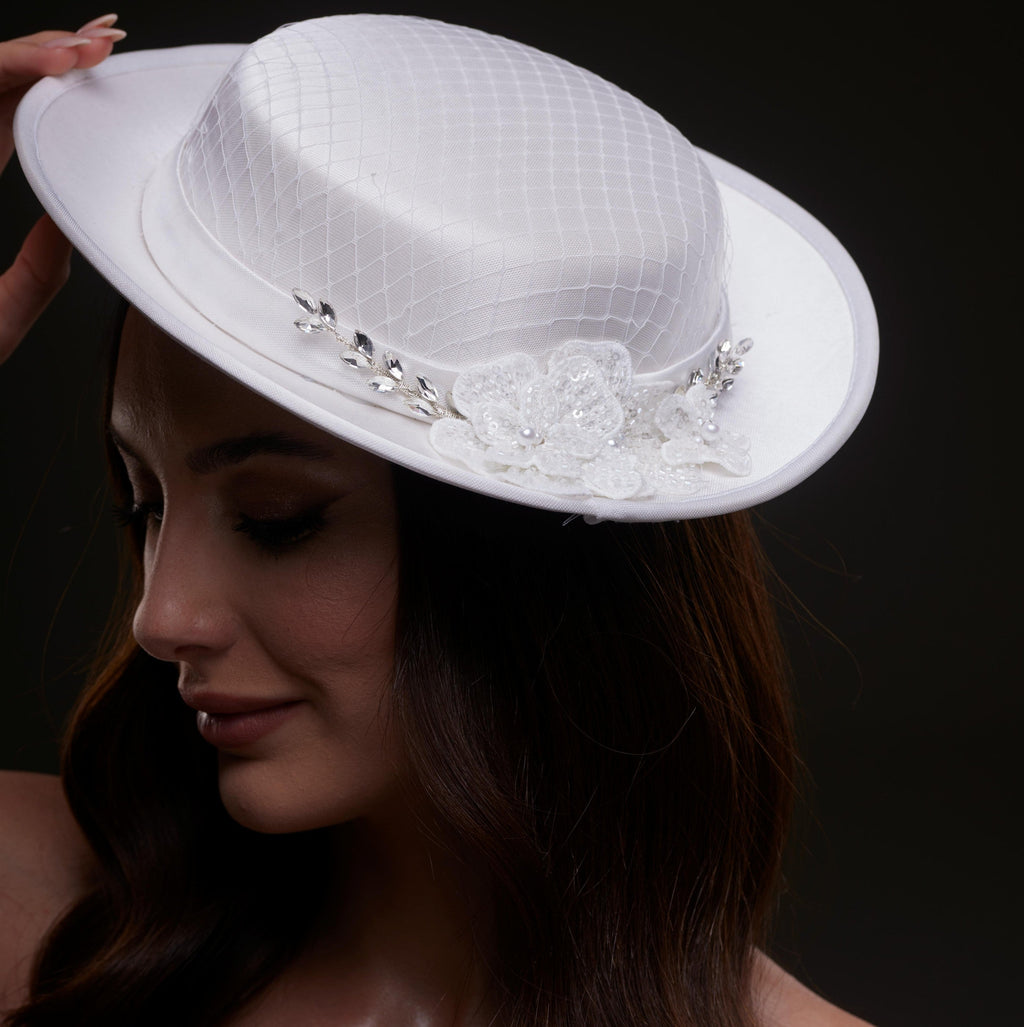 White Satin Hat with Lace Flowers & Crystal Leaves by Bridal Port