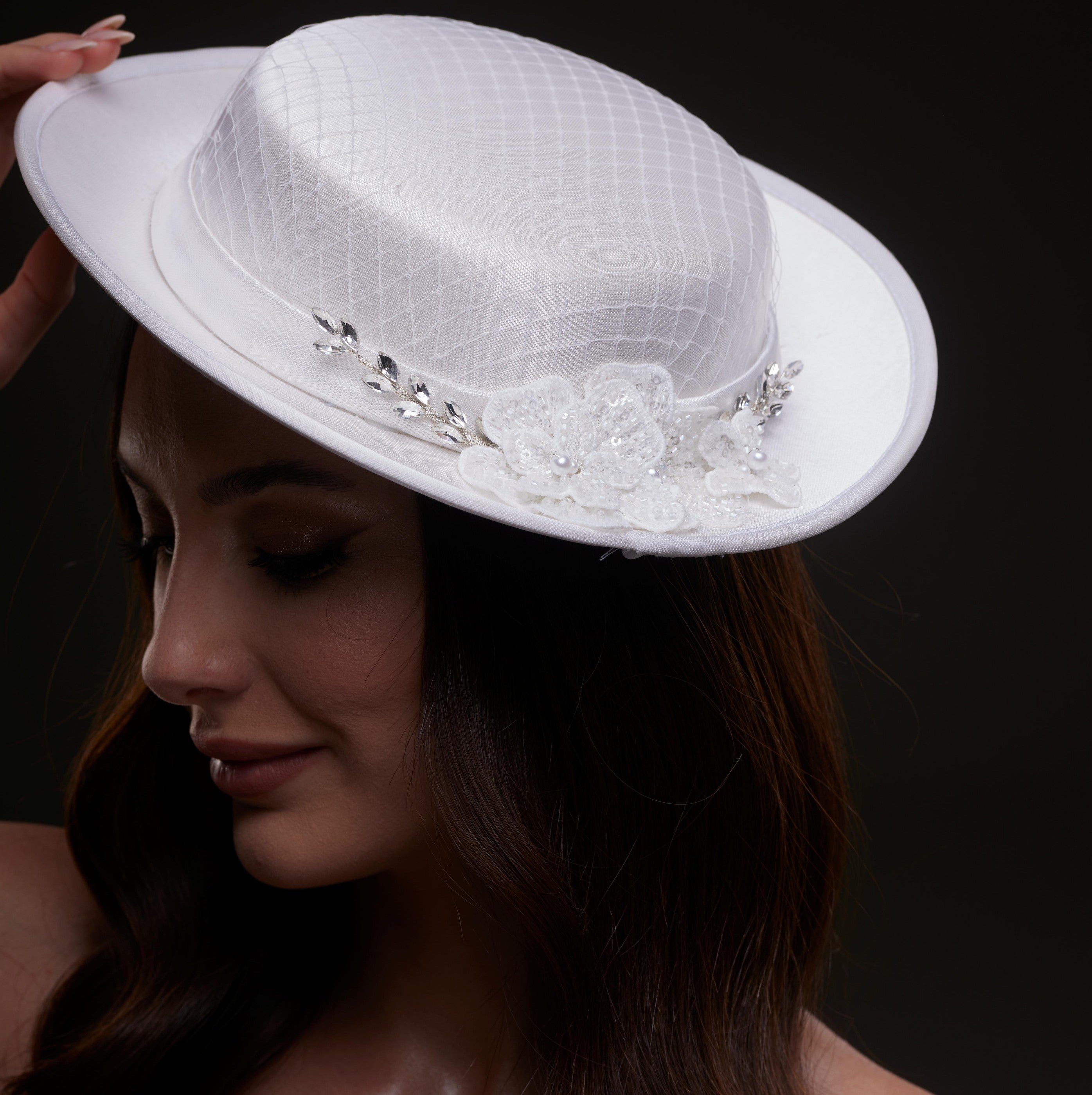 White Satin Hat with Lace Flowers & Crystal Leaves by Bridal Port