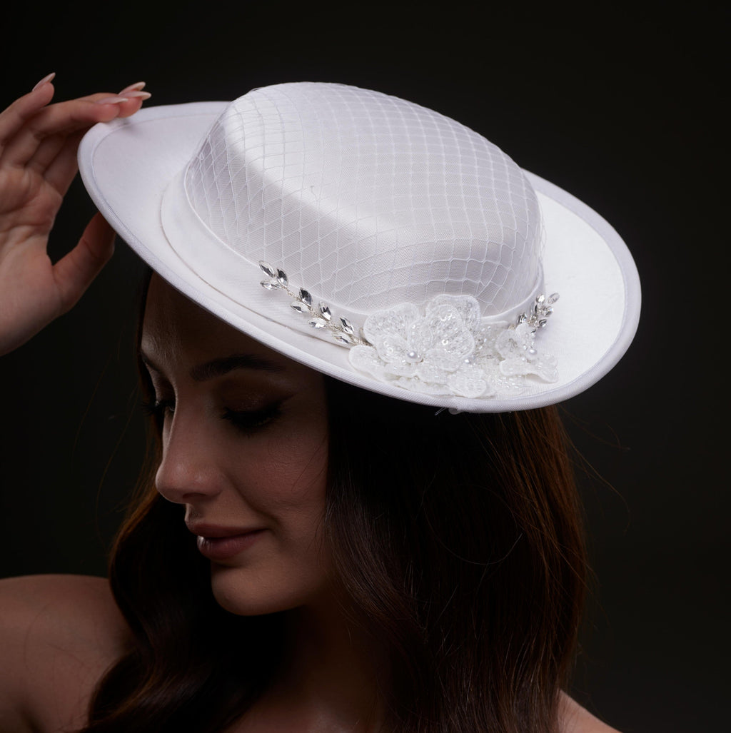 White Satin Hat with Lace Flowers & Crystal Leaves by Bridal Port