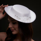 White Satin Hat with Lace Flowers & Crystal Leaves by Bridal Port
