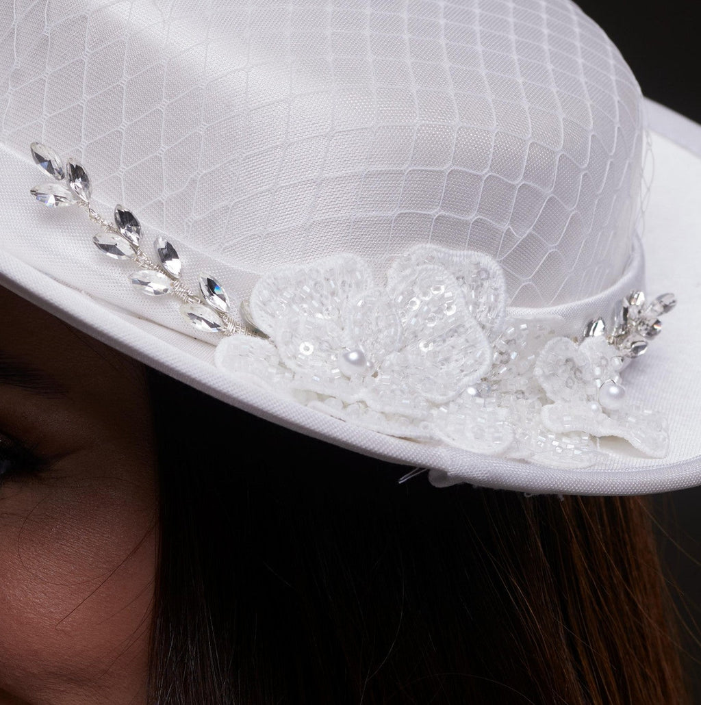 White Satin Hat with Lace Flowers & Crystal Leaves by Bridal Port