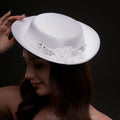 White Satin Hat with Lace Flowers & Crystal Leaves by Bridal Port