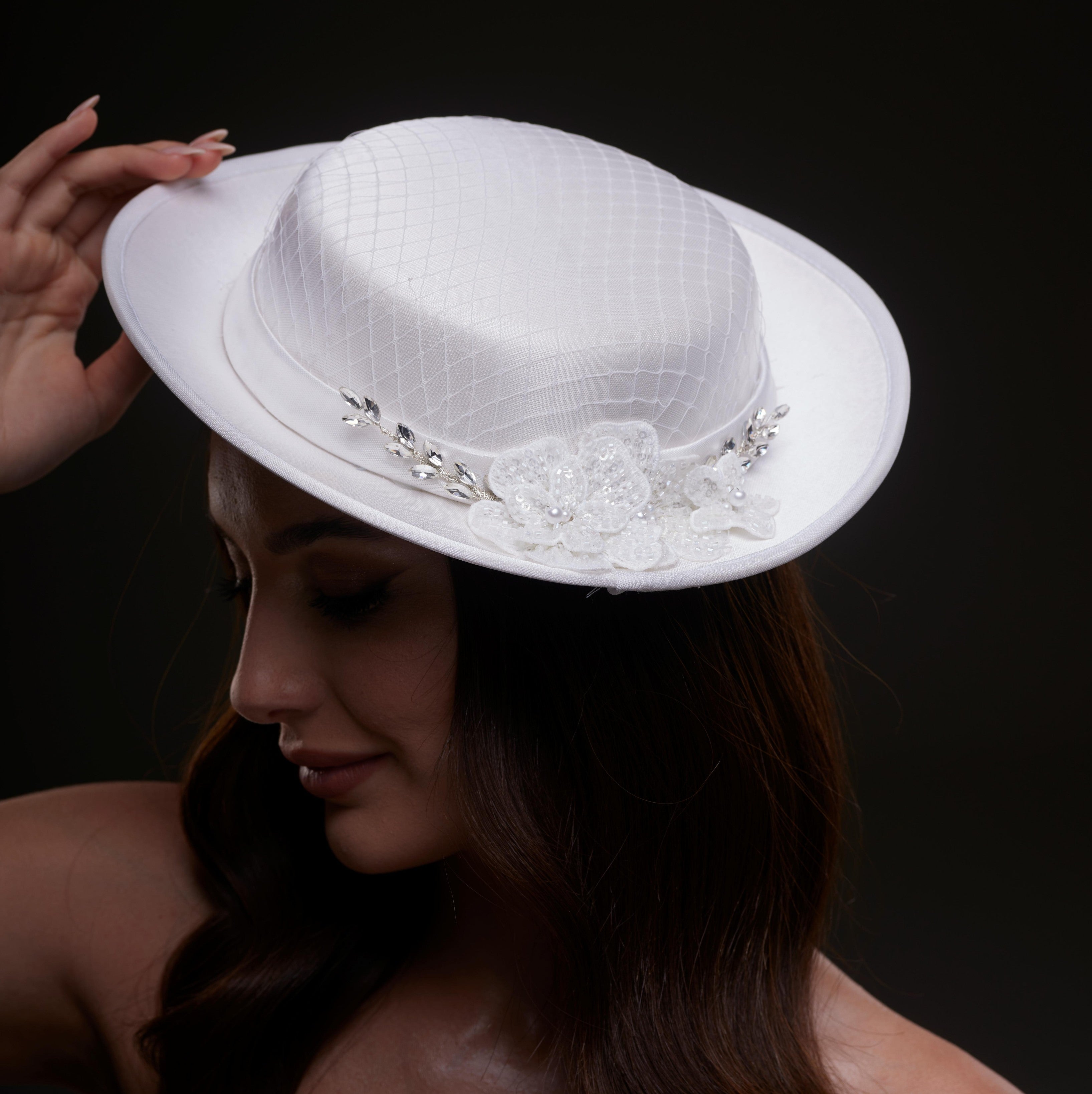White Satin Hat with Lace Flowers & Crystal Leaves by Bridal Port