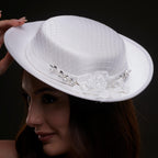 White Satin Hat with Lace Flowers & Crystal Leaves by Bridal Port