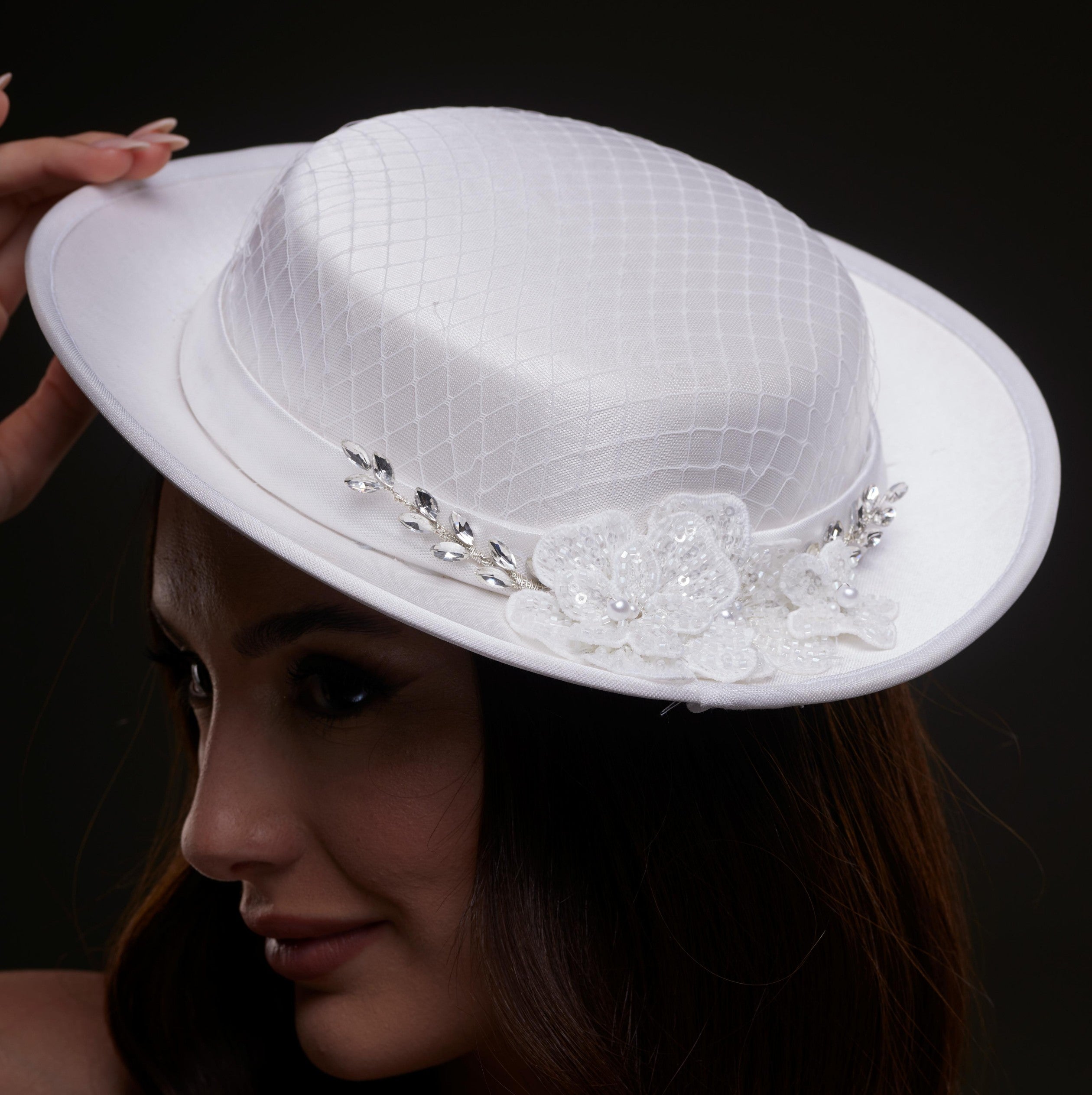 White Satin Hat with Lace Flowers & Crystal Leaves by Bridal Port