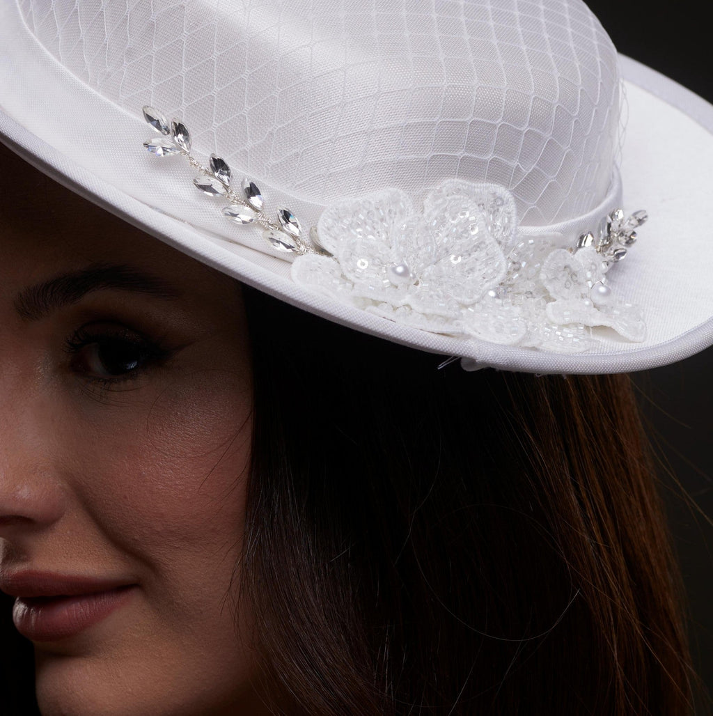 White Satin Hat with Lace Flowers & Crystal Leaves by Bridal Port