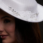 White Satin Hat with Lace Flowers & Crystal Leaves by Bridal Port