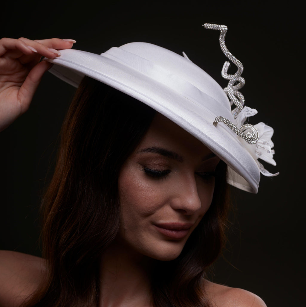 White Satin Hat with Rhinestone Vines and Tropical Flower Appliqués by Bridal Port