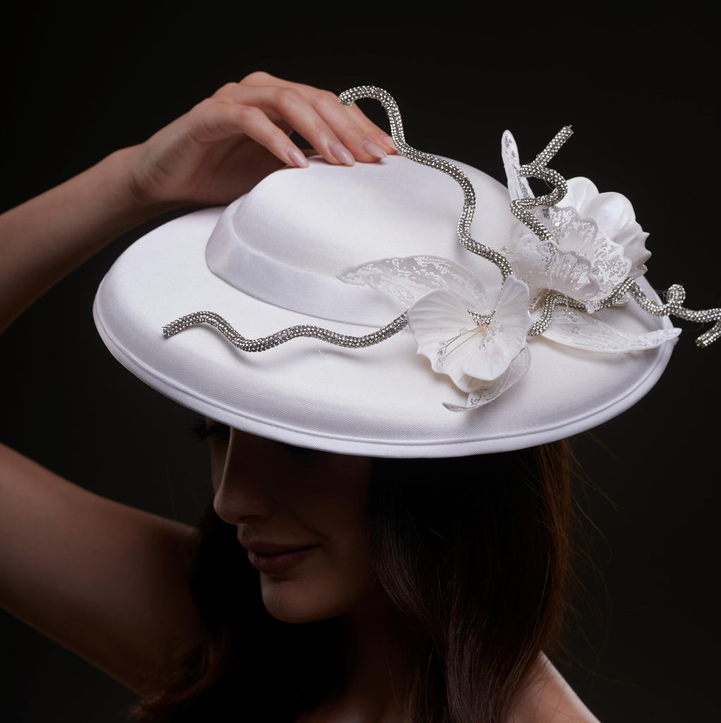 White Satin Hat with Rhinestone Vines and Tropical Flower Appliqués by Bridal Port