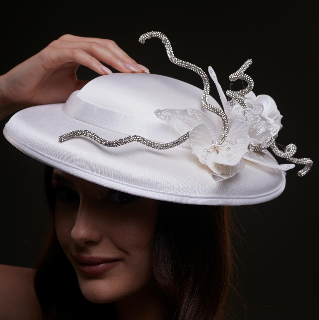 White Satin Hat with Rhinestone Vines and Tropical Flower Appliqués by Bridal Port