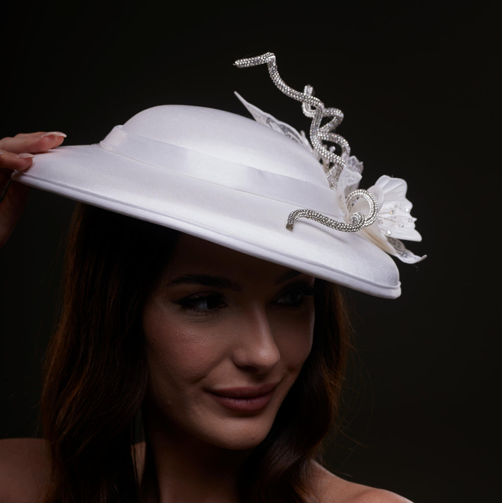 White Satin Hat with Rhinestone Vines and Tropical Flower Appliqués by Bridal Port