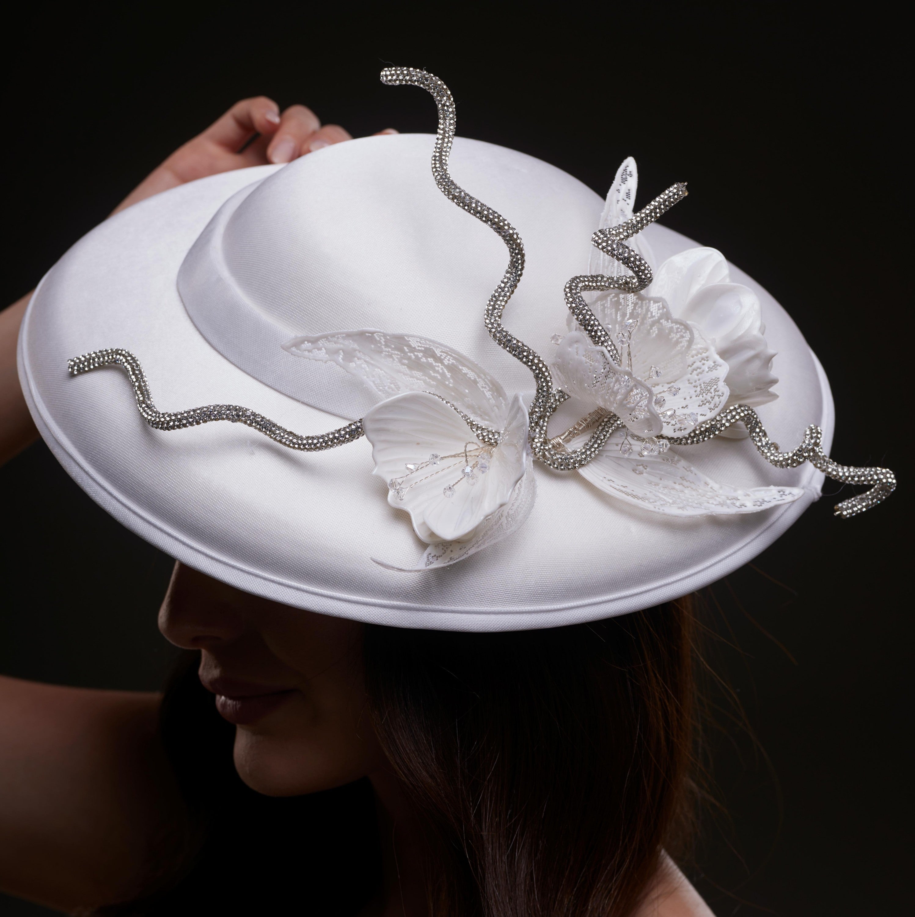 White Satin Hat with Rhinestone Vines and Tropical Flower Appliqués by Bridal Port