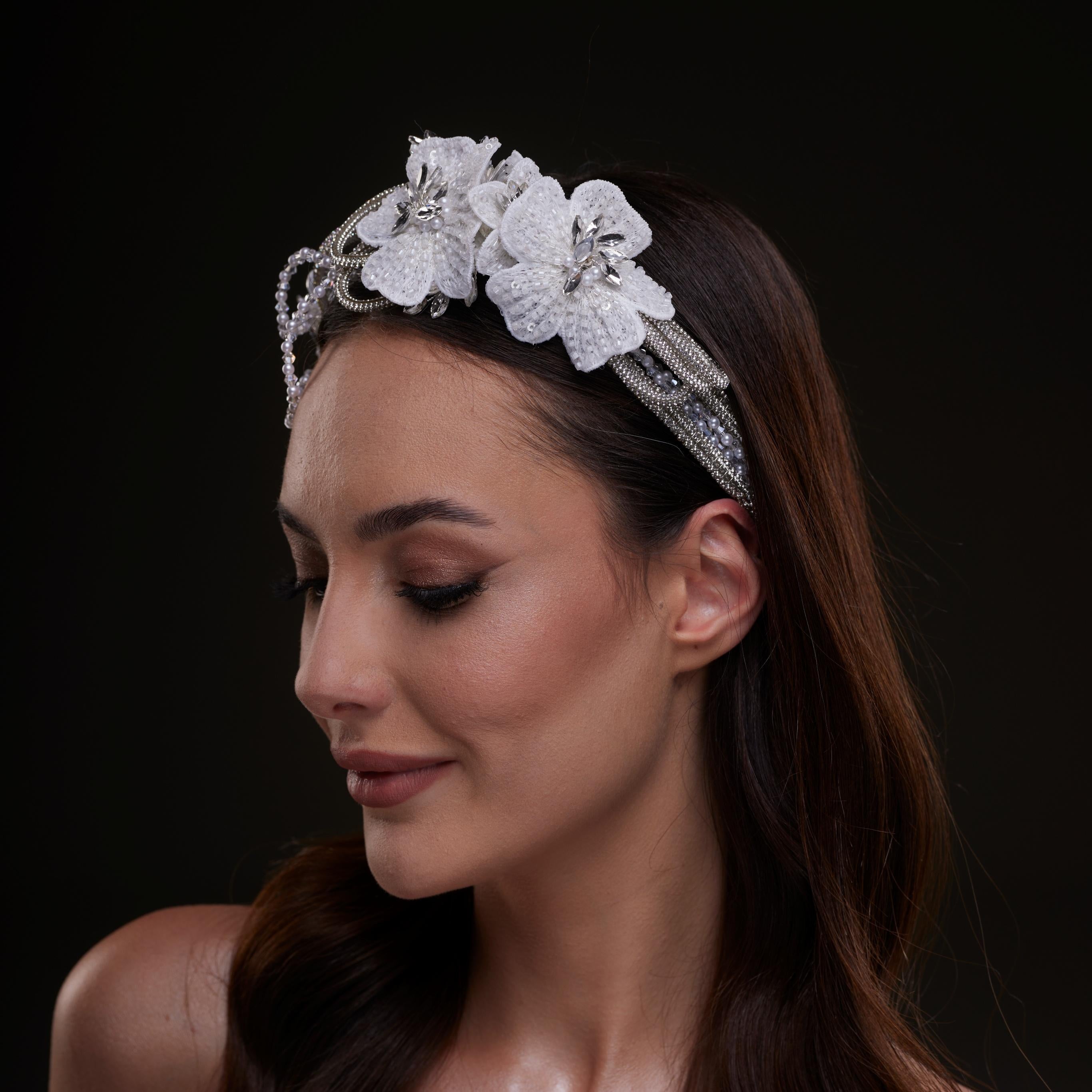 White Sequin Floral Hair Band by Bridal Port