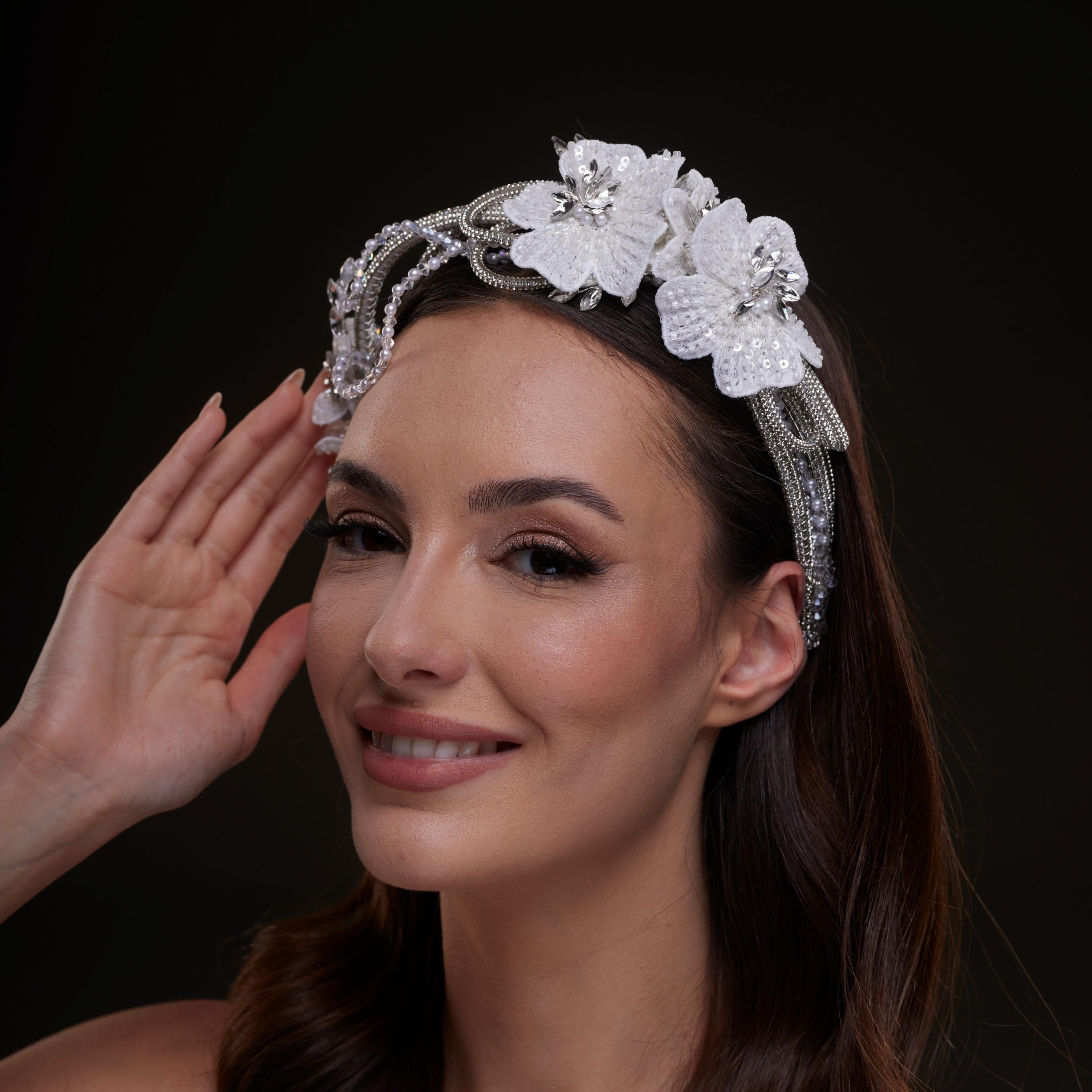 White Sequin Floral Hair Band by Bridal Port