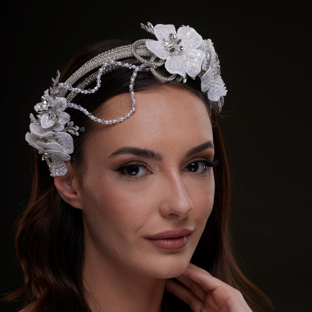 White Sequin Floral Hair Band by Bridal Port