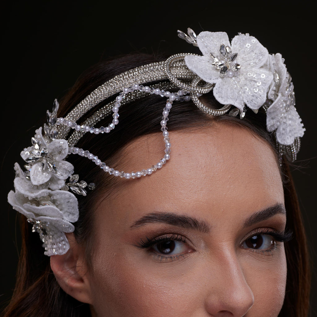 White Sequin Floral Hair Band by Bridal Port