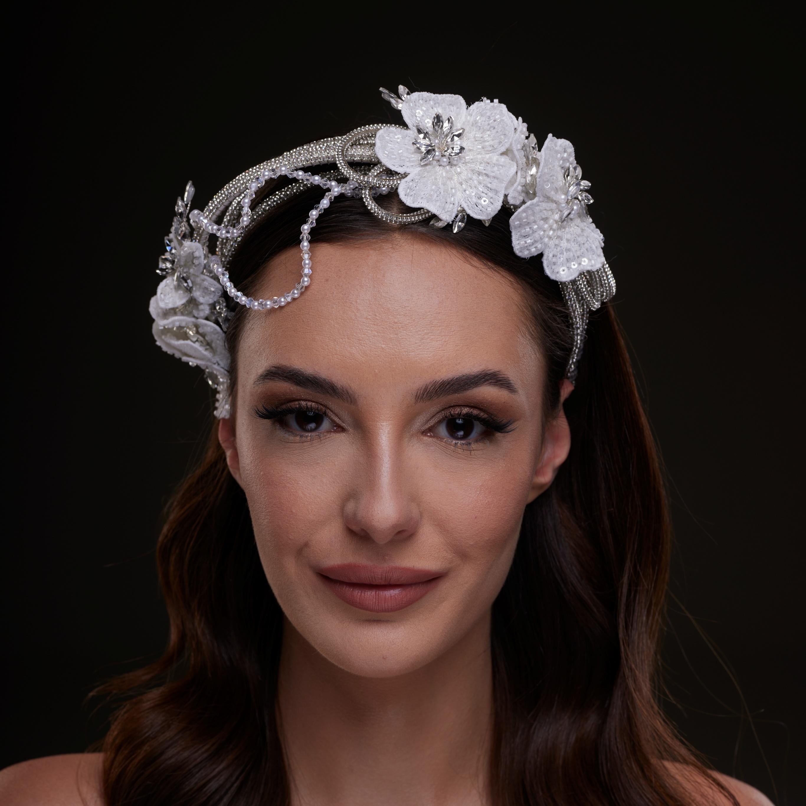 White Sequin Floral Hair Band by Bridal Port