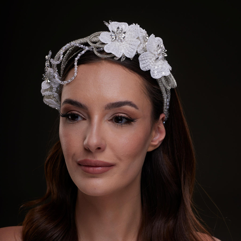 White Sequin Floral Hair Band by Bridal Port