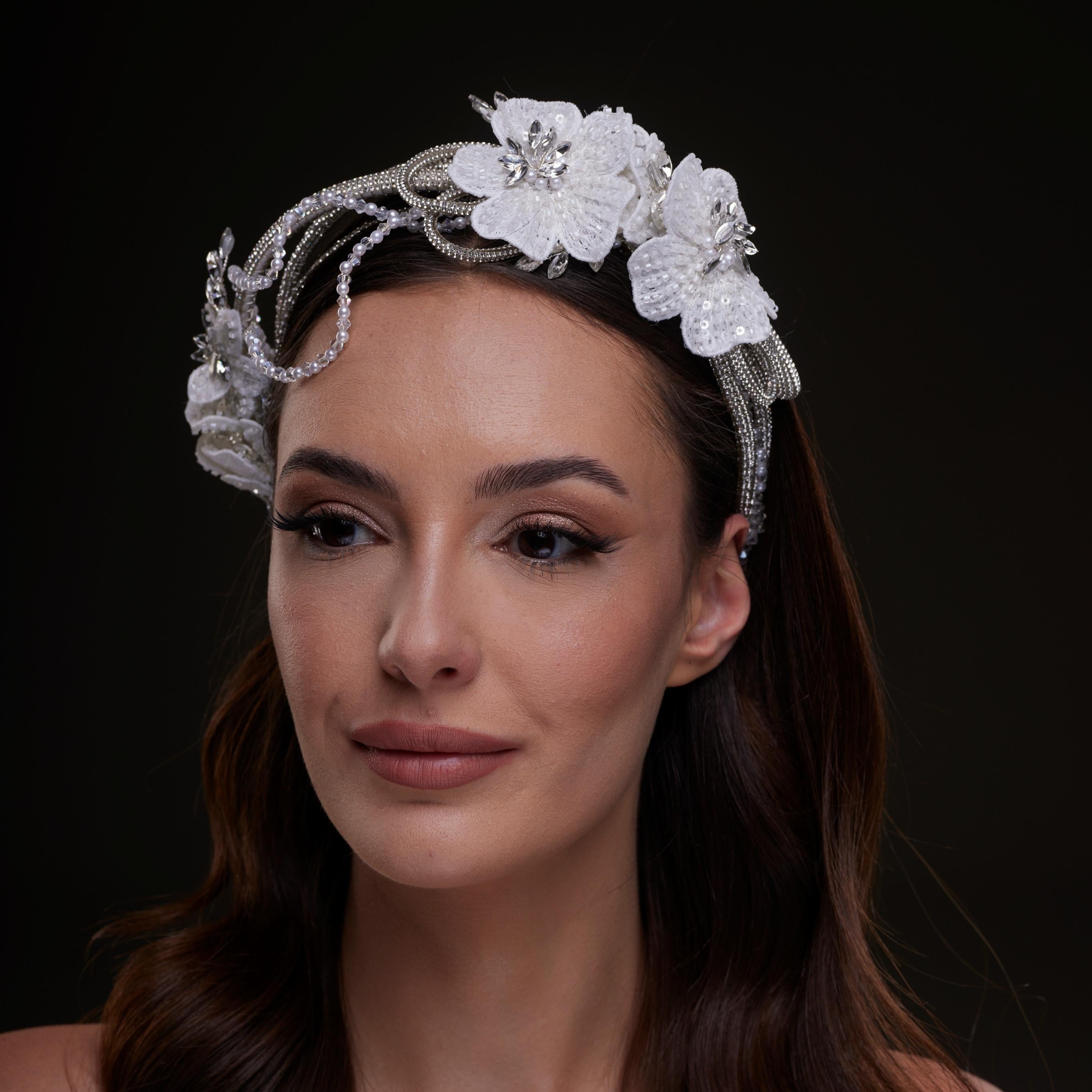 White Sequin Floral Hair Band by Bridal Port