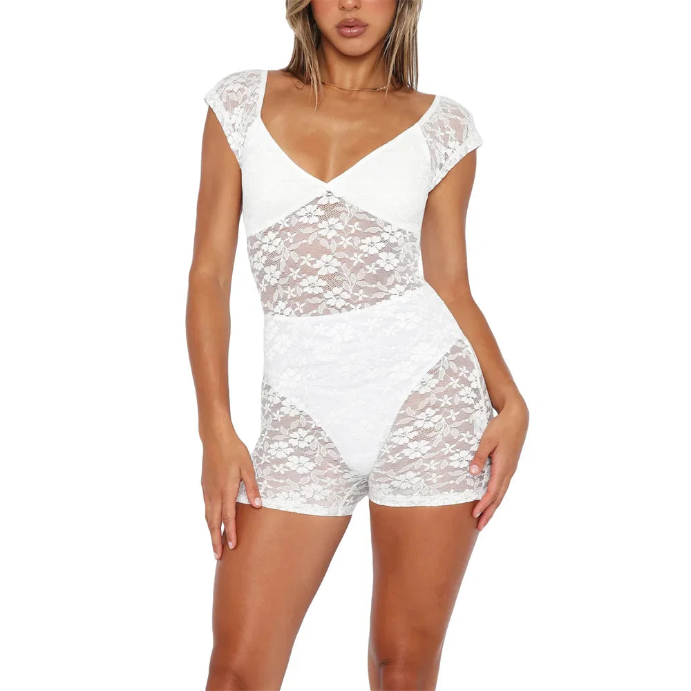 Lace See Through Playsuit Sexy V-neck Short Jumpsuit Romper by nowadaysfashion