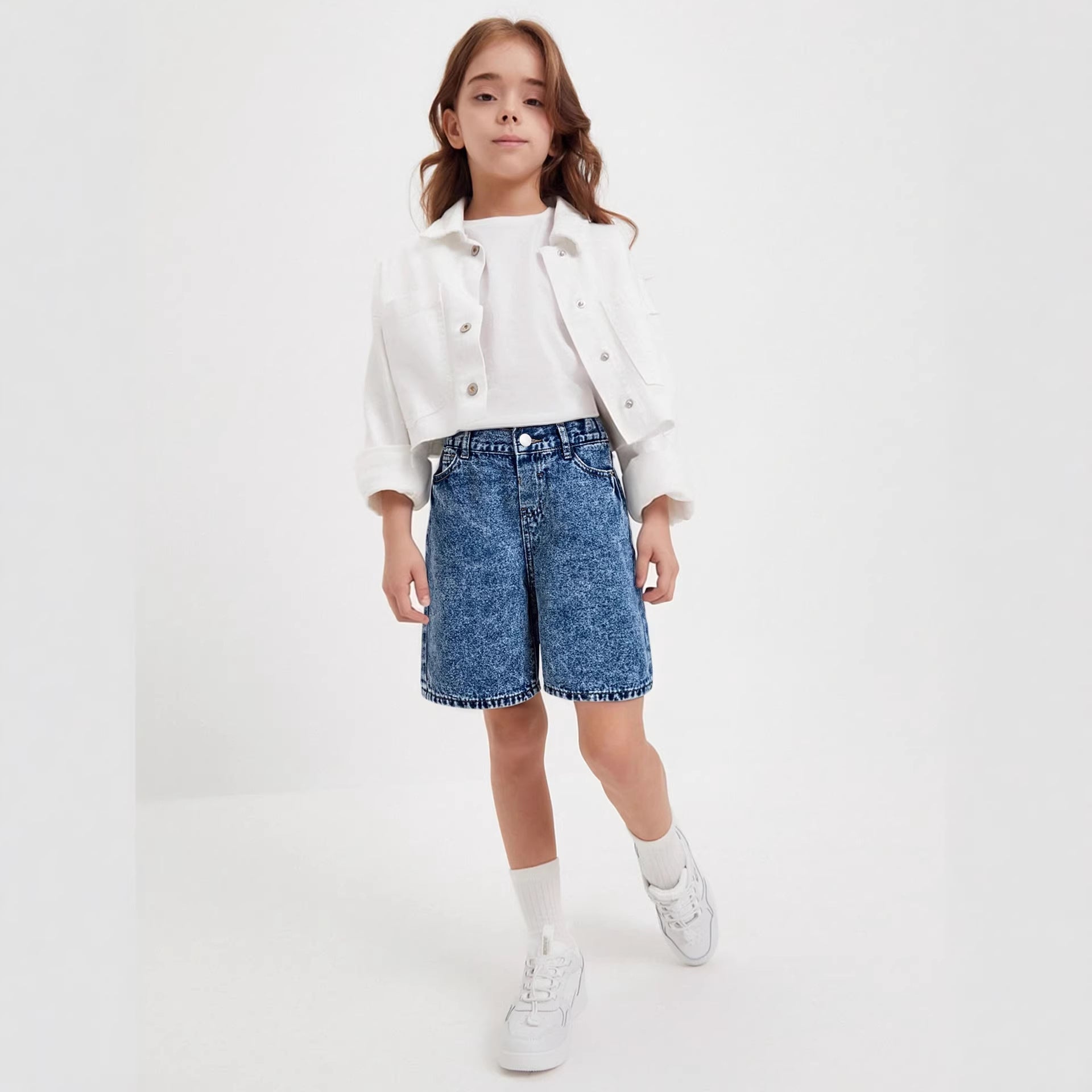 Washed Denim Mid-length Pants Girls Denim Shorts by Baby Joy
