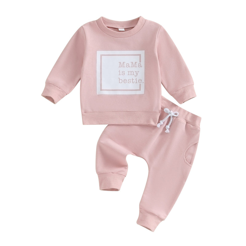 Letter-print Long-sleeve Top And Solid-color Pants Two-piece Set by Baby Joy