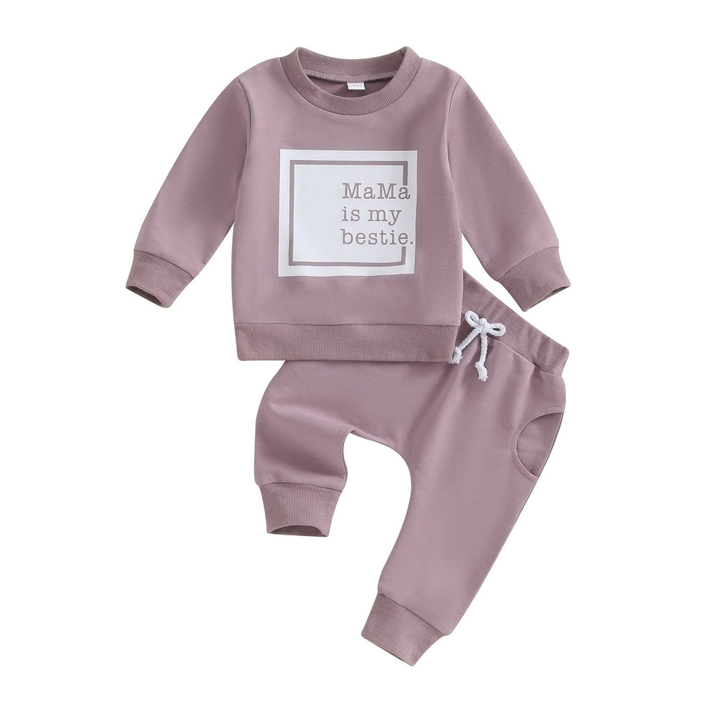Letter-print Long-sleeve Top And Solid-color Pants Two-piece Set by Baby Joy