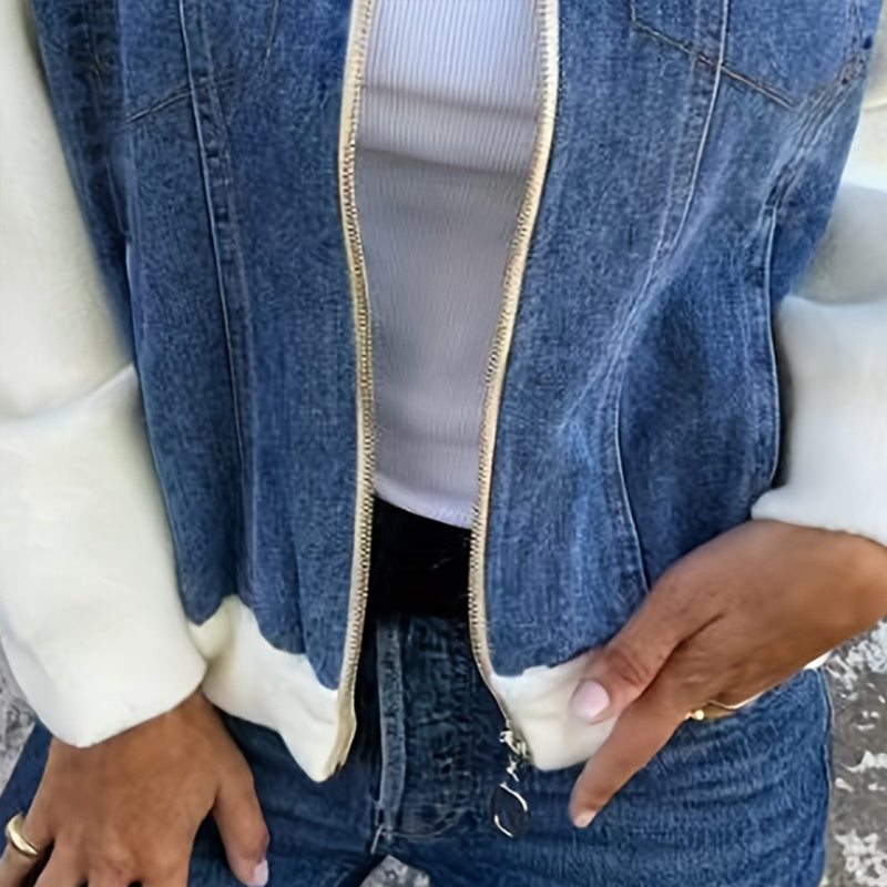 Women's Denim Patchwork Zip-Up Jacket by FitiqueFit