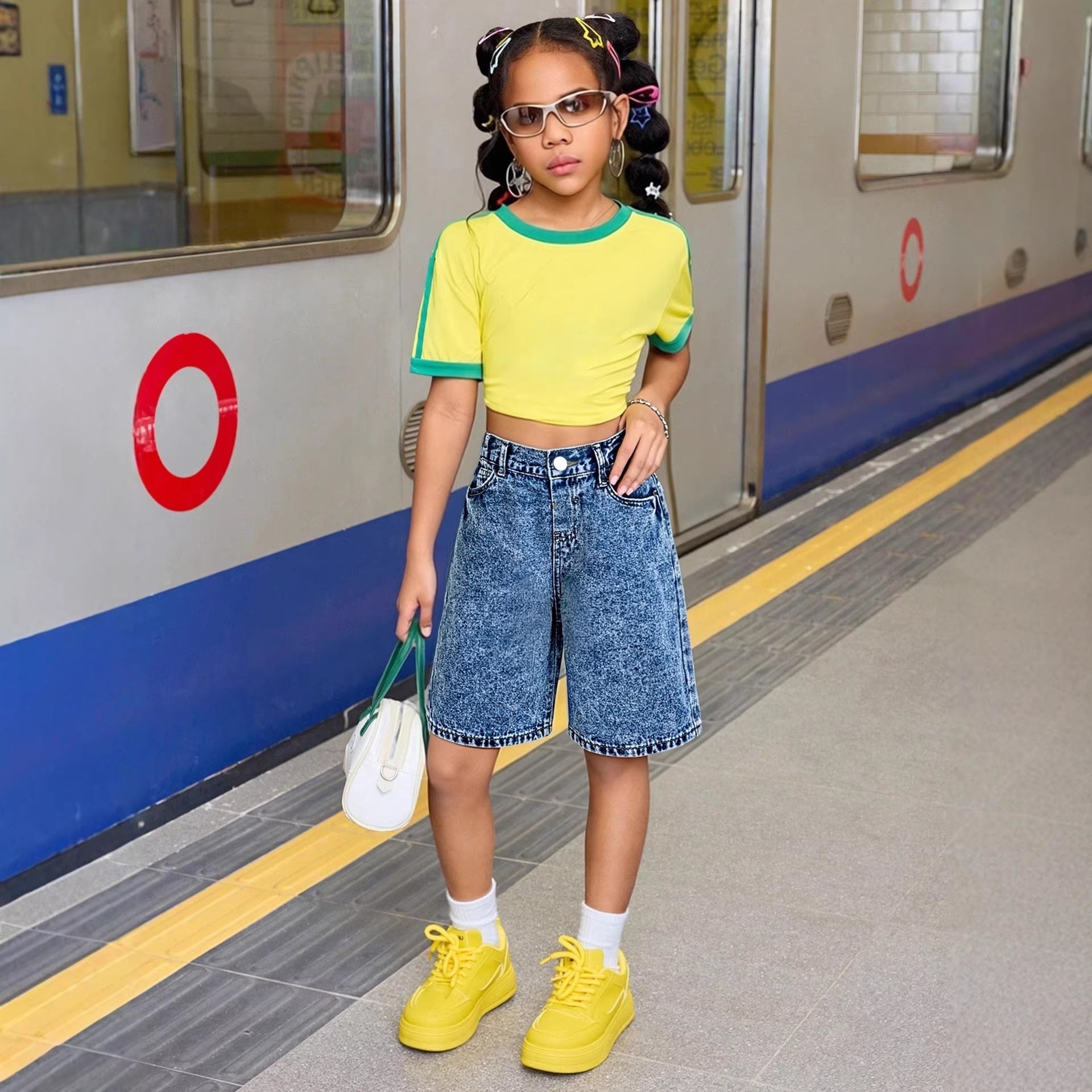 Washed Denim Mid-length Pants Girls Denim Shorts by Baby Joy