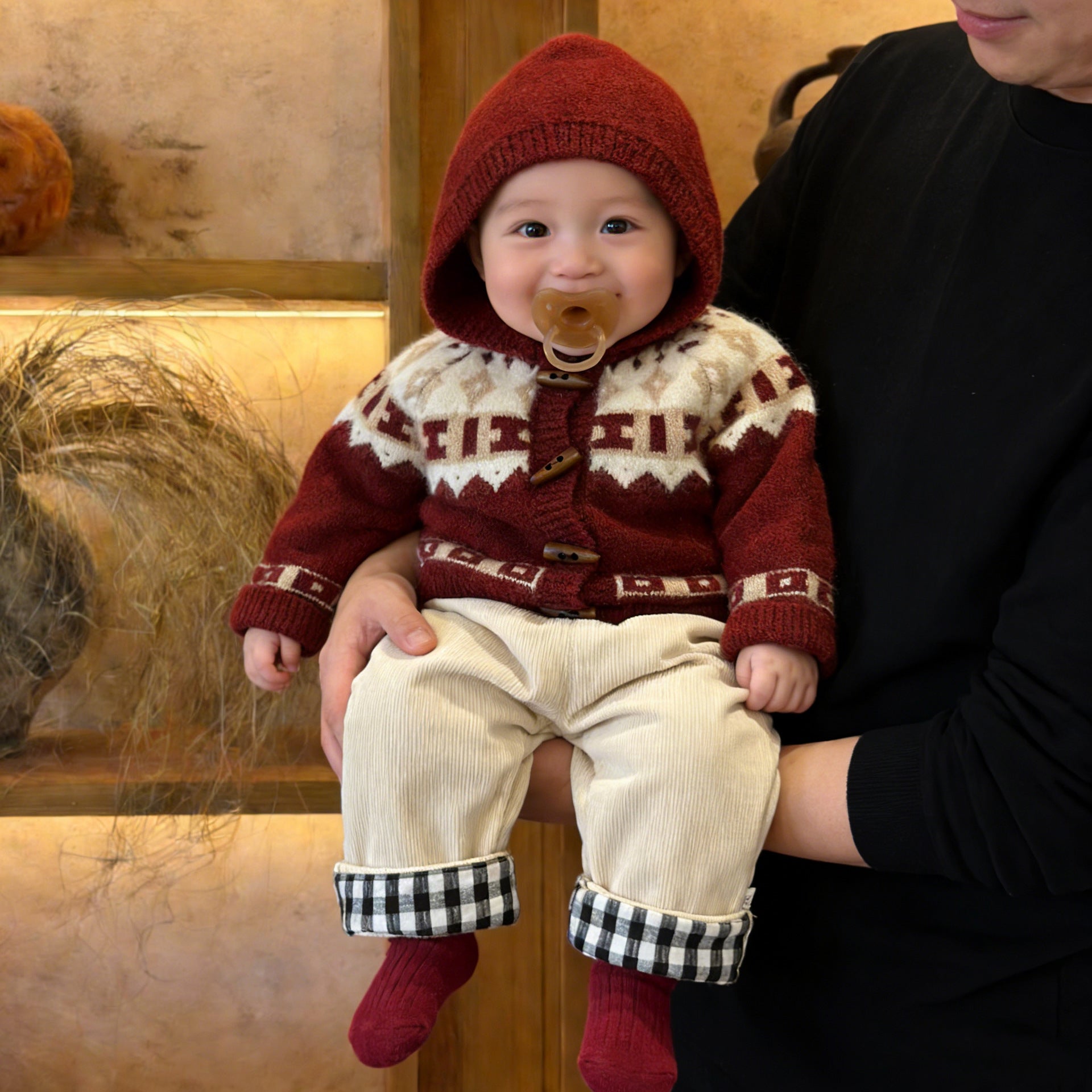 Retro Red Thickened Hooded Knitted Cardigan by Baby Joy