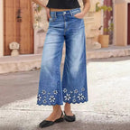 Chrysanthemum Embroidered Cropped Denim Jeans – Women's Loose Straight-Leg by FitiqueFit