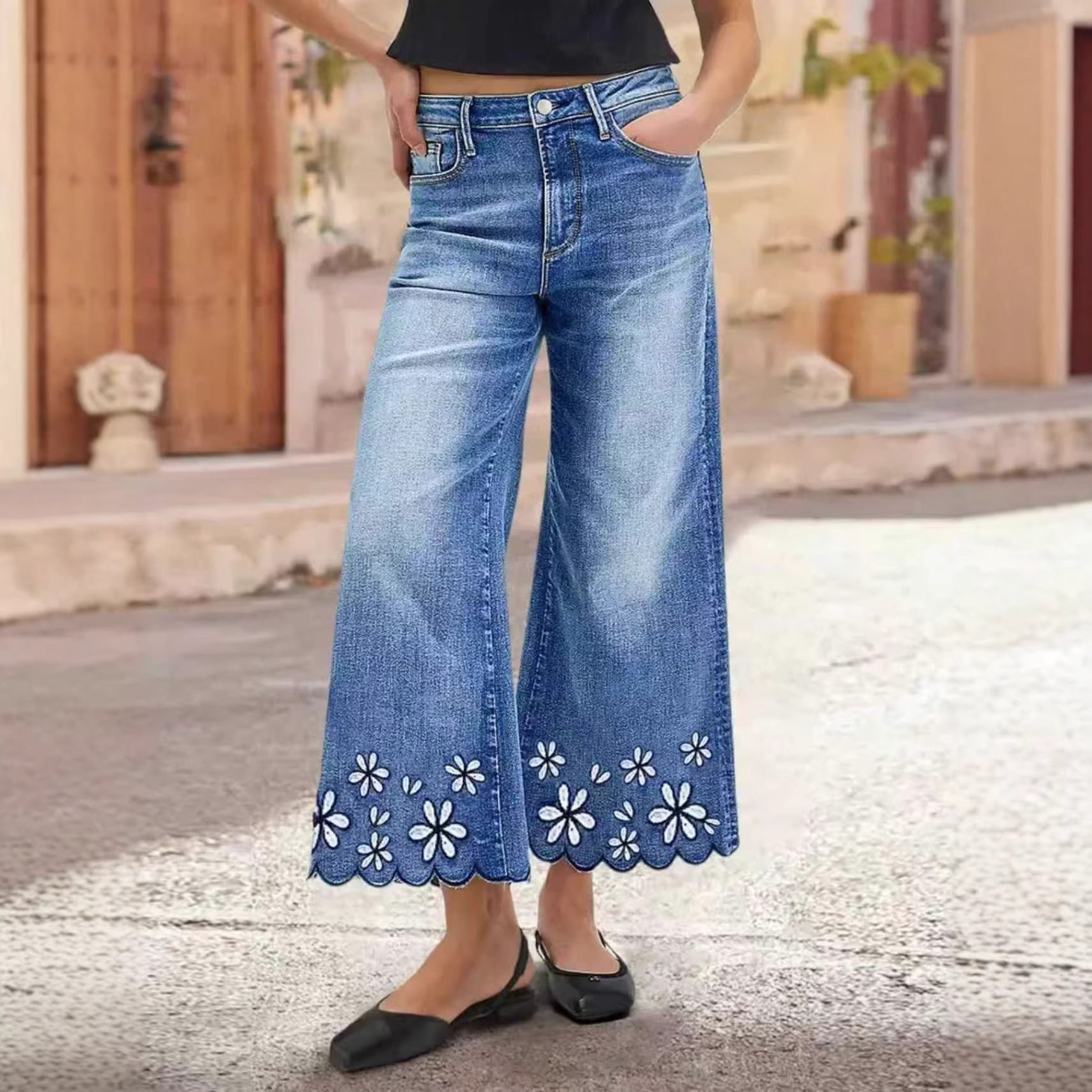 Chrysanthemum Embroidered Cropped Denim Jeans – Women's Loose Straight-Leg by FitiqueFit