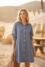 Women's Three-Quarter Sleeve Denim Dress – Ruffle Detail Mid-Length by FitiqueFit