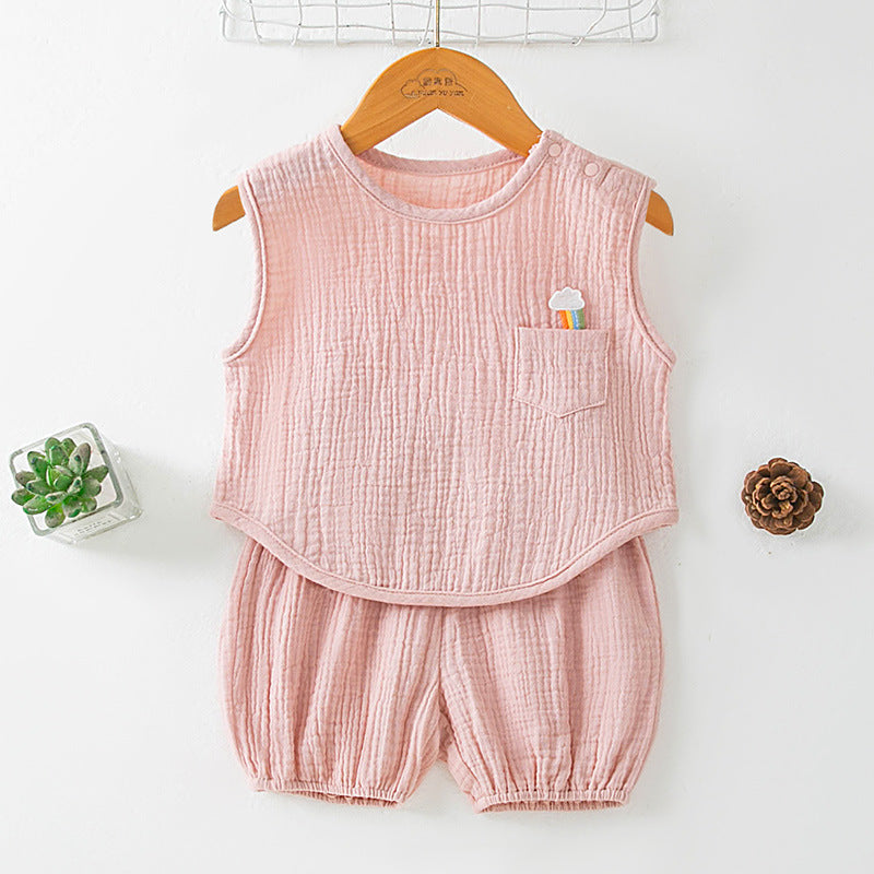 Summer Pure Cotton Yarn T-Shirt And Thin Childrens Shorts Two-Piece Set by Baby Joy