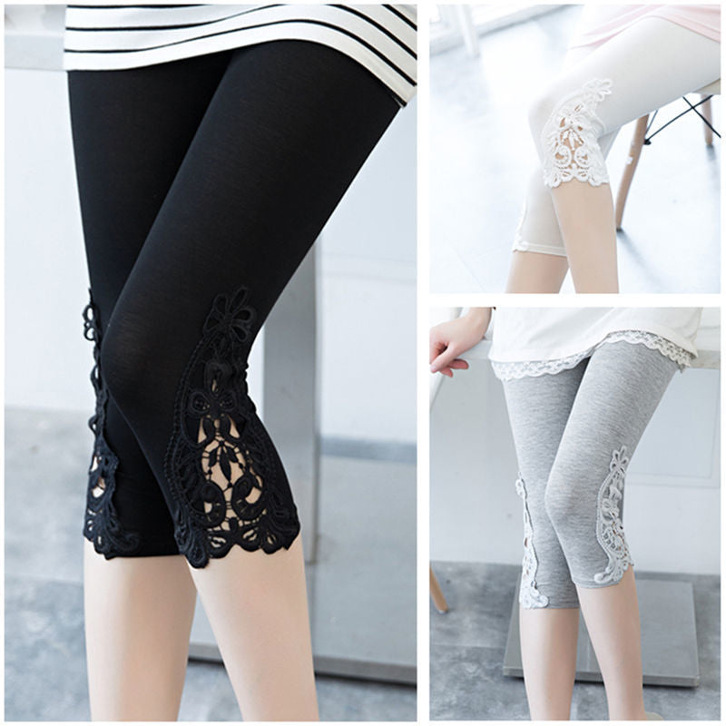 Women’s Lace Trim Stretch Leggings – Fashion Bottoming Pants by FitiqueFit