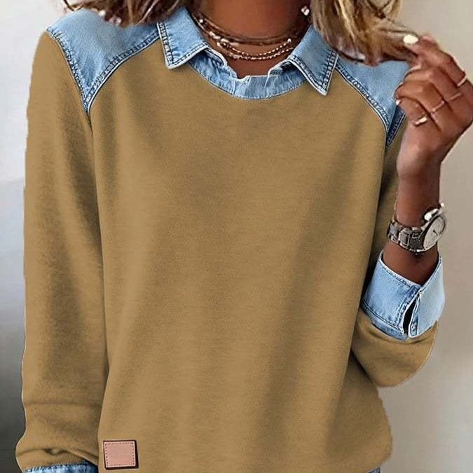 Denim Collar Patchwork Pullover Knitwear Top – Women’s Street Style by FitiqueFit
