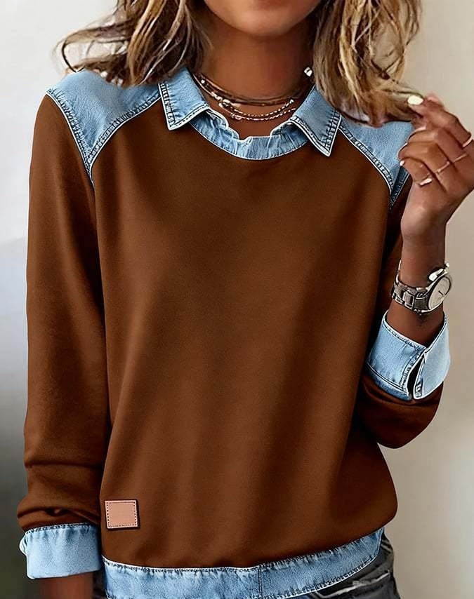 Denim Collar Patchwork Pullover Knitwear Top – Women’s Street Style by FitiqueFit
