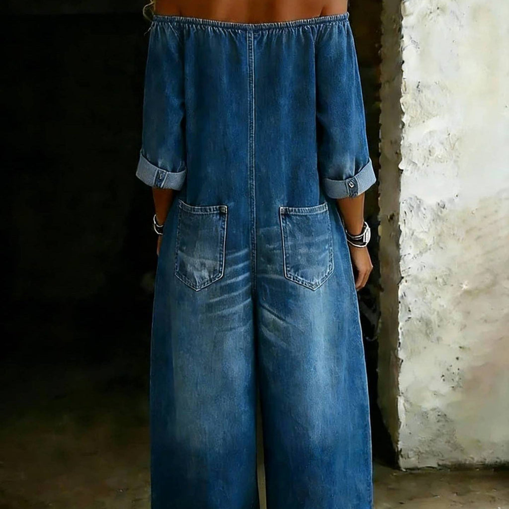 Women's Off-Shoulder Washed Faux Denim Strap Overalls Jumpsuit by FitiqueFit
