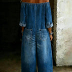 Women's Off-Shoulder Washed Faux Denim Strap Overalls Jumpsuit by FitiqueFit