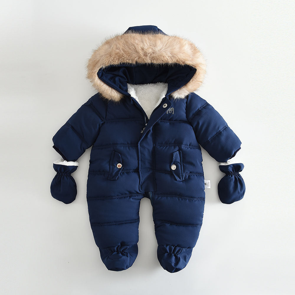 Fleece-lined Thick Large Fur Hooded Baby Jumpsuit by Baby Joy