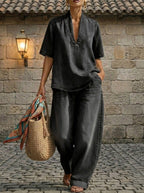 Retro V-Neck Washed Denim Top & Wide-Leg Pants Set – 3 Colors, S–3XL by FitiqueFit