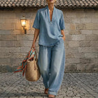 Retro V-Neck Washed Denim Top & Wide-Leg Pants Set – 3 Colors, S–3XL by FitiqueFit