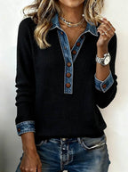 Denim Collar Patchwork Pullover Knitwear Top – Women’s Street Style by FitiqueFit