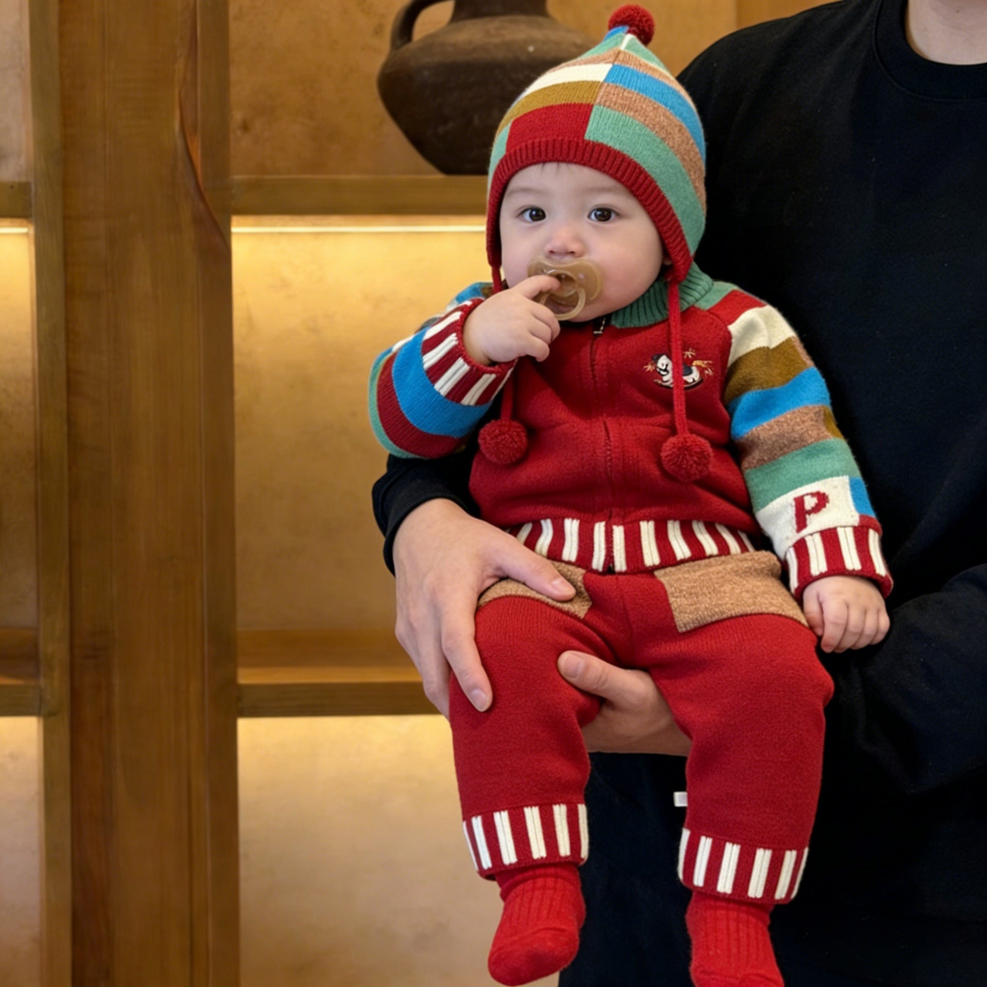 Knitted Contrasting-Color Red Sweater Pants And Hat New Year Three-Piece Set by Baby Joy