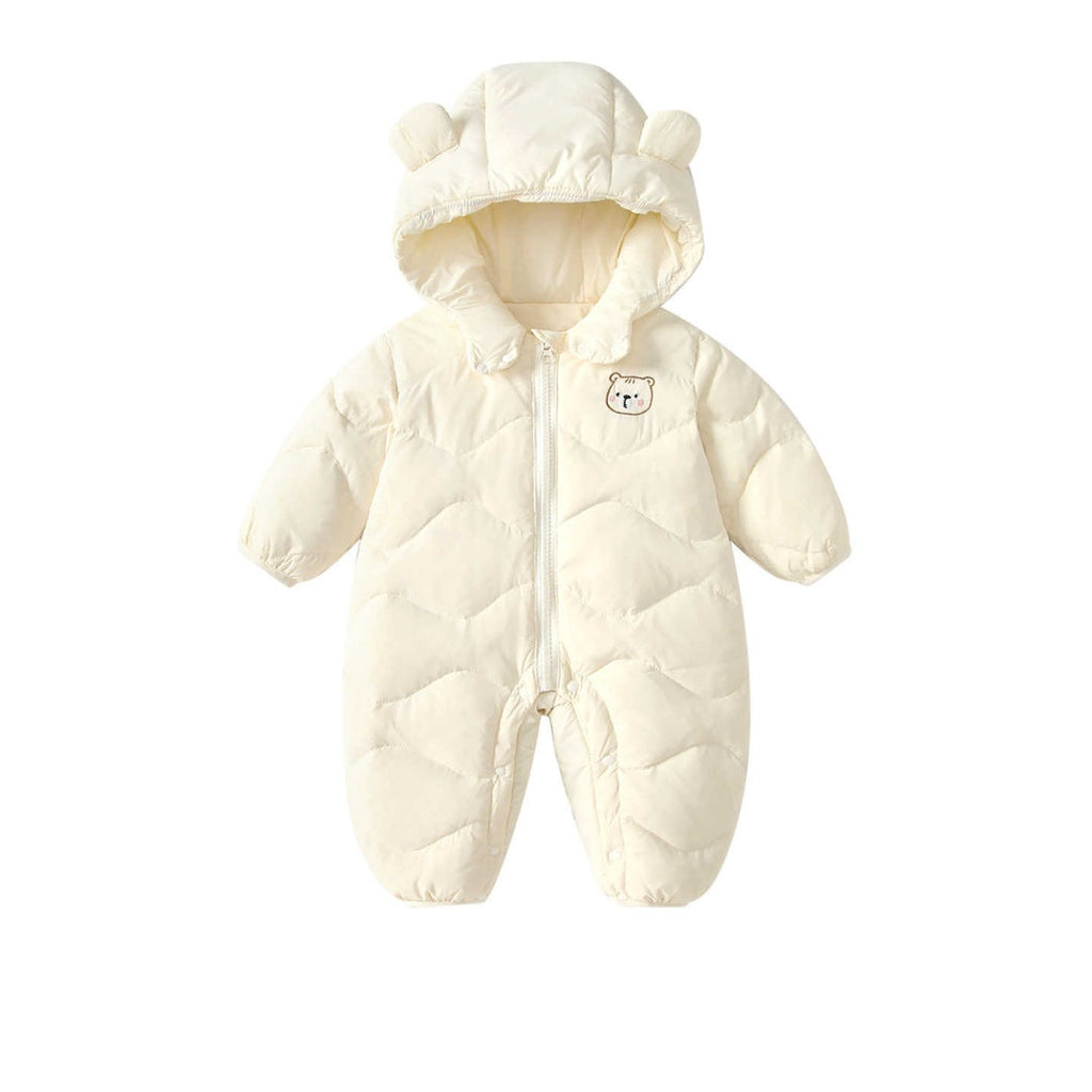 Baby Solid Color Cartoon Print Hooded Down Jumpsuit by Baby Joy