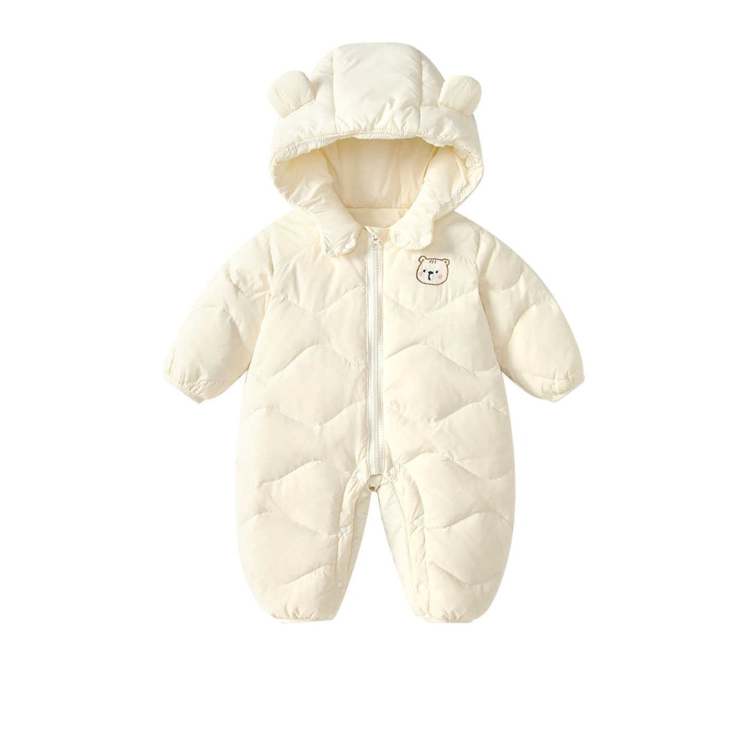 Baby Solid Color Cartoon Print Hooded Down Jumpsuit by Baby Joy