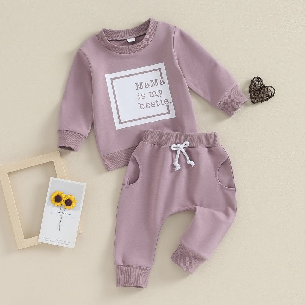 Letter-print Long-sleeve Top And Solid-color Pants Two-piece Set by Baby Joy