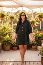 Women's Three-Quarter Sleeve Denim Dress – Ruffle Detail Mid-Length by FitiqueFit