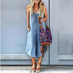 Women’s Crew Neck Sleeveless Wide-Leg Denim Jumpsuit
